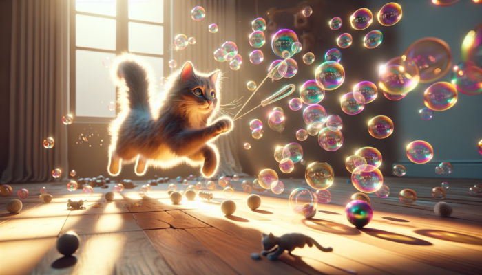A cat joyfully leaping to catch iridescent catnip bubbles in a sunlit room with toys.