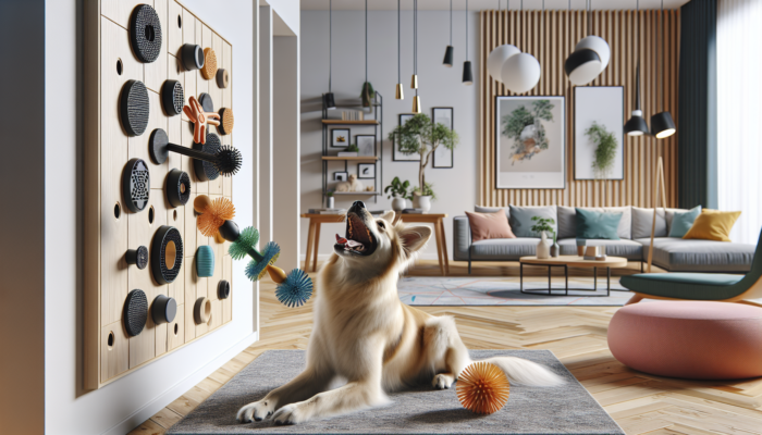 Dog happily engaging with the durable Potaroma wall-mounted chew toy in a chic living room.