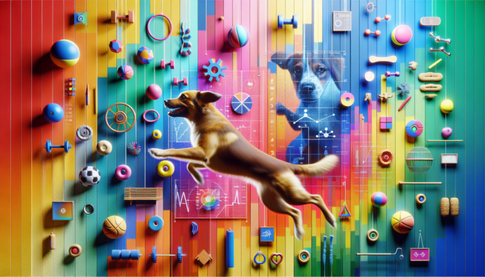 A dog jumping and stretching to reach a Potaroma wall-mounted chew toy, promoting fitness and playfulness.