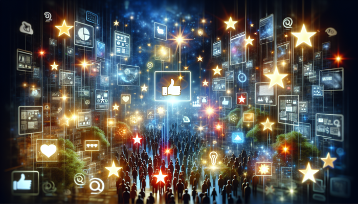 A digital marketplace with glowing businesses, stars, and reviews, symbolising enhanced visibility via Yelp My Business.