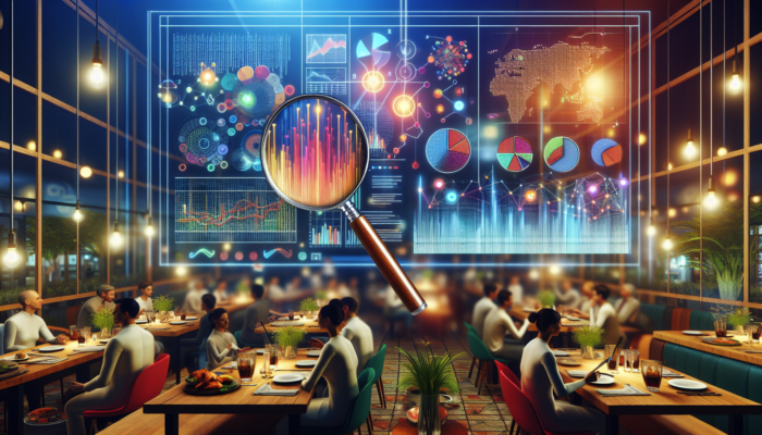 A digital dashboard displaying graphs analysing Yelp reviews, with a magnifying glass focusing on insights, set against a restaurant backdrop.