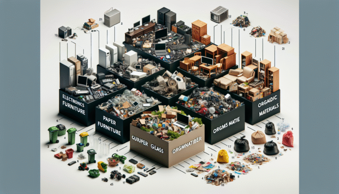Infographic illustrating categories of waste during house clearance: electronics, furniture, paper, glass, organic materials.