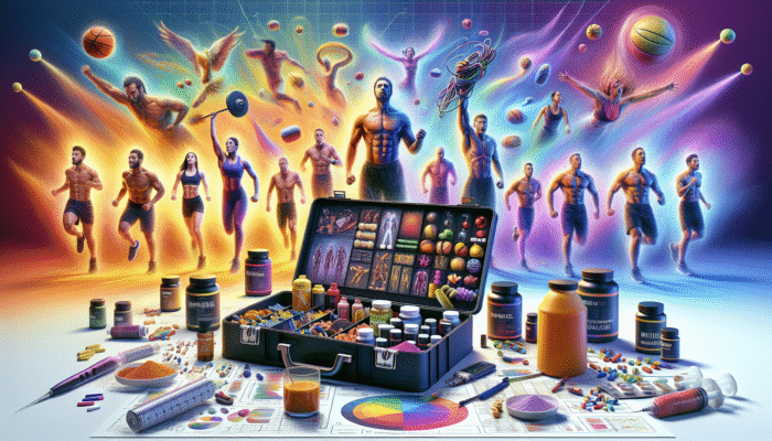 A toolkit labelled "Recovery Stacks" featuring supplements, surrounded by athletes demonstrating muscle recovery and vitality.