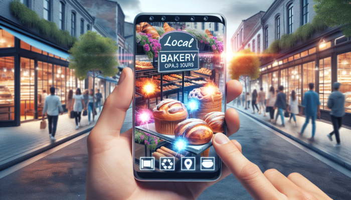 A local bakery's Google My Business profile on a smartphone, showcasing pastries, hours, and reviews, situated on a busy street.