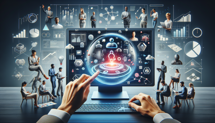 Digital workspace featuring Google My Business on screen, experts collaborating on strategies to improve online visibility.