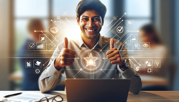 A local business owner smiling while interacting with customers online, surrounded by positive feedback and a glowing reputation icon.