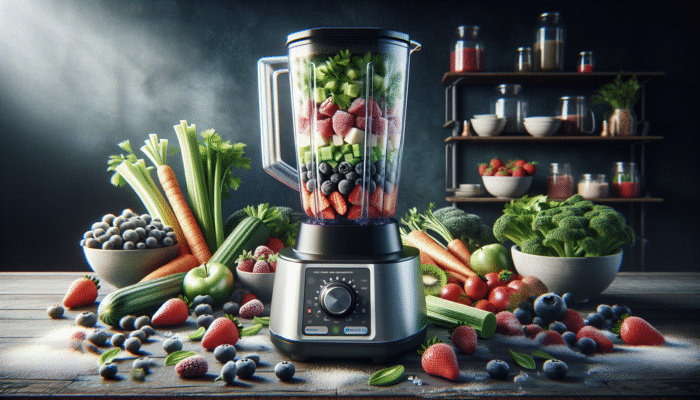 High-quality blender processing whole foods, promoting wholesome nutrition with vibrant ingredients.