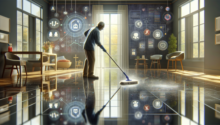 Individual using a spray mop on a glossy stone floor, ensuring safety in a home with children and the elderly.