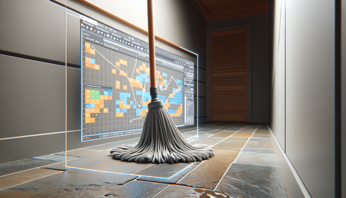 A high-quality microfiber mop head efficiently cleaning a stone floor, reaching corners and capturing dirt.