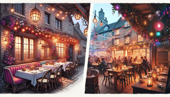 How to Celebrate Debt Consolidation Milestones: A Guide | DCL A cosy bistro in the Cotswolds and a vibrant eatery in Soho, both filled with celebrating guests.
