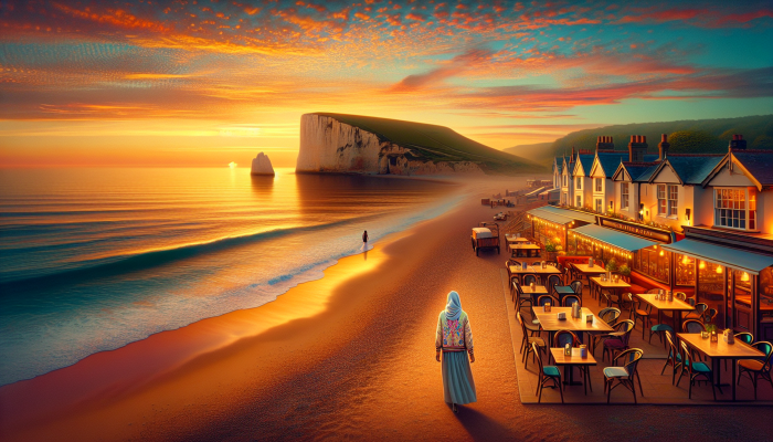 How to Celebrate Debt Consolidation Milestones: A Guide | DCL A tranquil UK coastal sunset scene with an individual walking, cafes, and distant cliffs, celebrating relaxation.