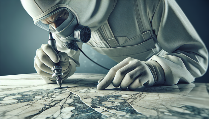 A professional using tools to remove lippage from a limestone surface for a seamless finish.