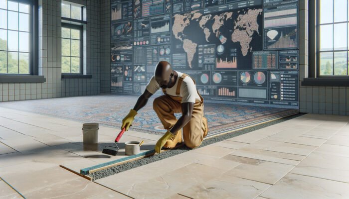 A craftsman finishing a Sorrento limestone floor in Dundee with grouting and sealing.