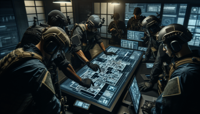 A group of experts strategising a house clearance operation in a dimly lit command centre with maps and screens.