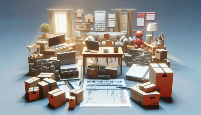 A detailed UK home clearance plan with budget spreadsheet, calendar, and labeled boxes on a table in a cozy home.