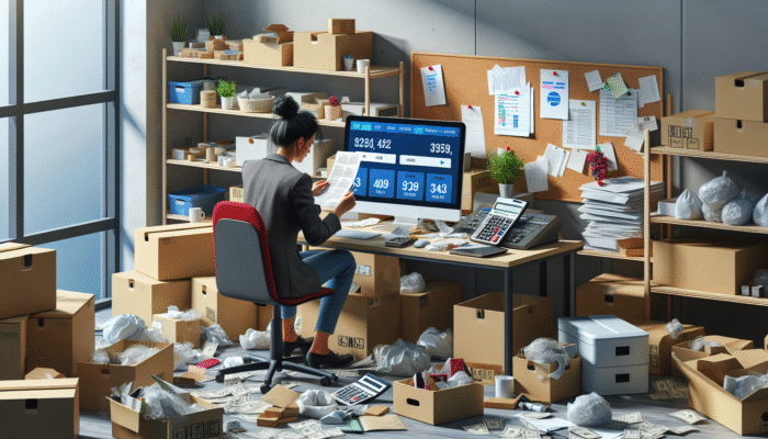 A person calculating decluttering expenses at a desk with items for disposal, storage boxes, and a computer displaying online selling platforms.