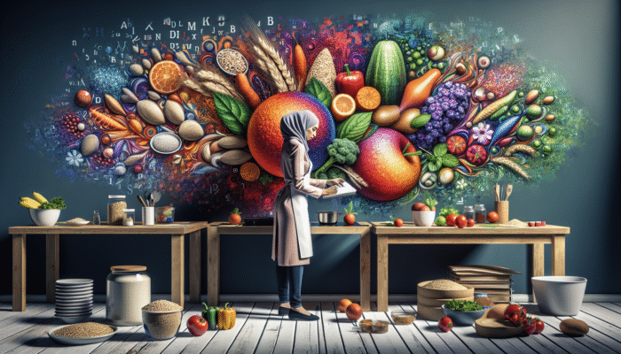 A nutritionist planning colourful high-fiber meals with whole grains, fruits, and vegetables.