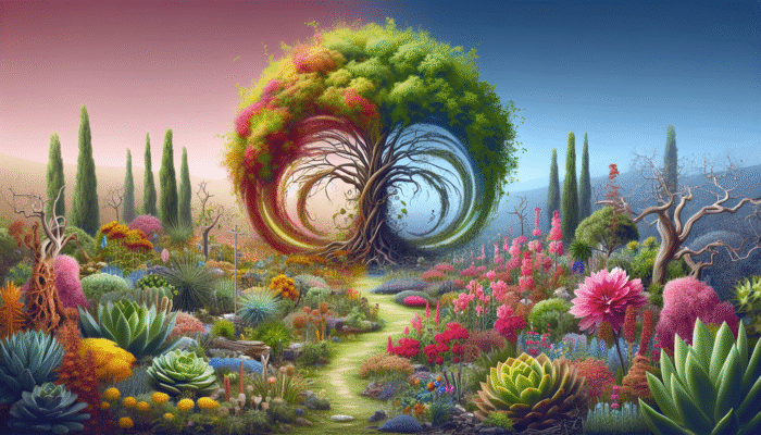 A vibrant garden with resilient plants like succulents and perennials thriving post-disaster.