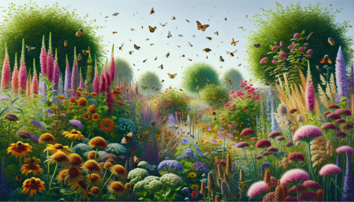 A vibrant garden with native wildflowers and shrubs, attracting pollinators and providing wildlife shelter.