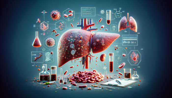 Illustration of liver function tests measuring proteins, enzymes, and bilirubin against a healthy liver background.