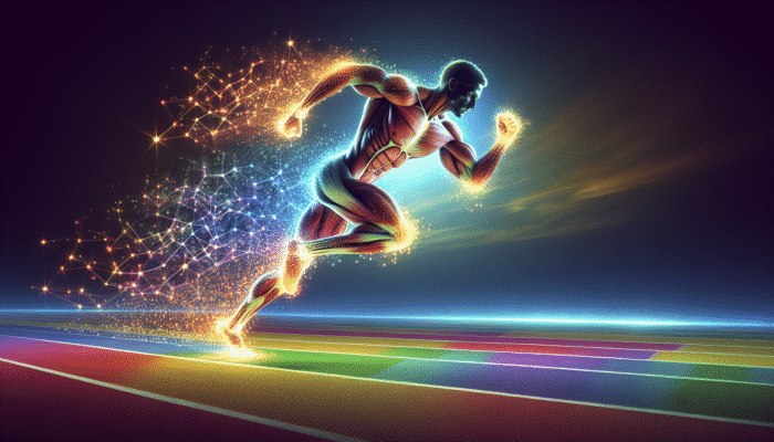 An athlete sprinting on track, enhanced by glowing creatine particles against a clear sky.