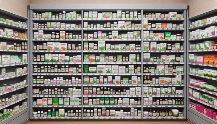 Diverse herbal products on UK store shelves with varying price tags, showing genuine vs. potentially counterfeit items.
