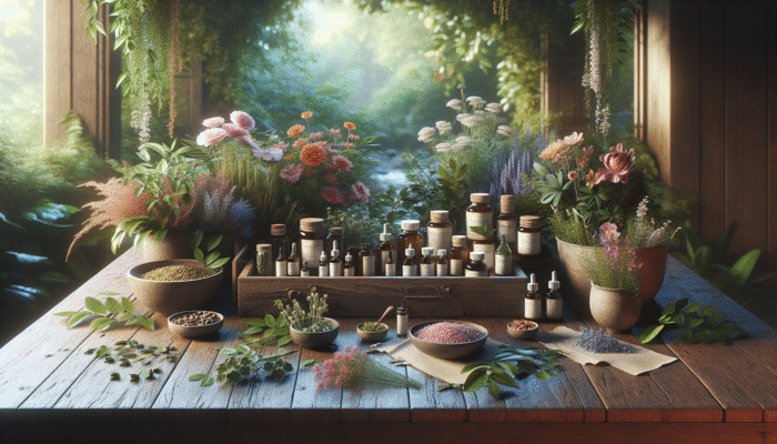 A rustic wooden table with various authentic herbal products, surrounded by green plants and flowers, softly lit.
