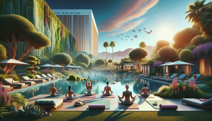A serene yoga retreat in Las Vegas with online booking, tranquil garden, luxurious accommodations, and early-bird discounts.