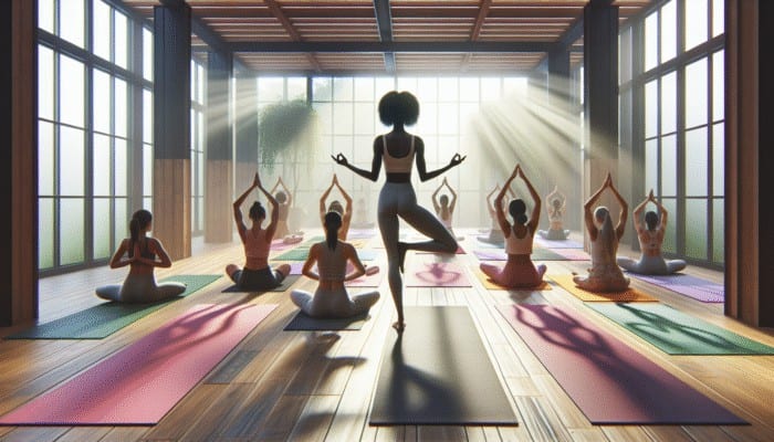 A serene yoga retreat in Las Vegas with small classes, nurturing instructors guiding beginners on colourful mats in a sunlit studio.