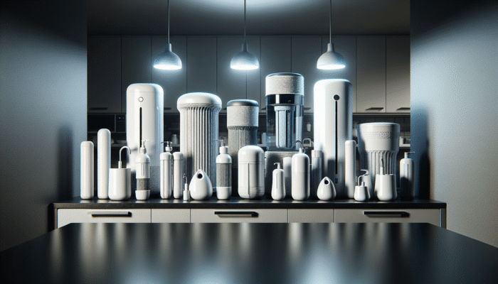An assortment of modern water filter systems displayed on a sleek countertop in a minimalist kitchen, labelled by function and contaminant removal.
