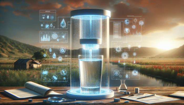Modern water filter featuring a UV system purifying water, situated in a rural area.