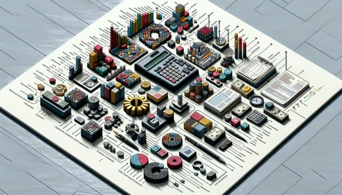 A workspace with financial documents, calculator, and charts for tax debt consolidation planning.