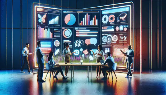 Utilising Content Audits to Improve Rankings: A team collaborates around a screen showing website content metrics and audit checklists.