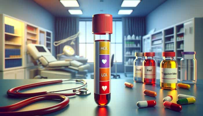 Illustration of a cholesterol blood test vial showing HDL, LDL, and triglycerides.