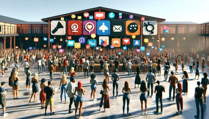 Influencers and brands in a vibrant marketplace, boosting visibility with diverse crowds and colourful logos.