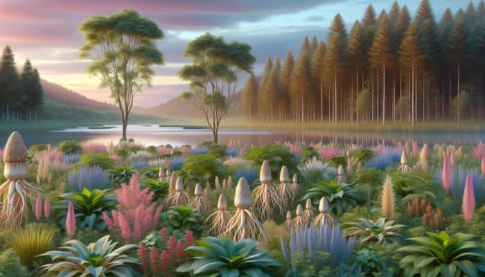 Risks of Adaptogen Overuse: A serene landscape with glowing ginseng and ashwagandha, symbolising adaptogens' role in combating stress and enhancing well-being.