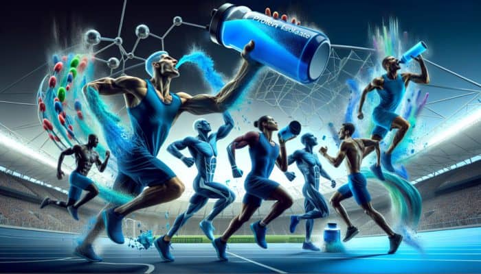 Athletes in Rio and London absorbing blue whey protein isolate, improving post-workout recovery.