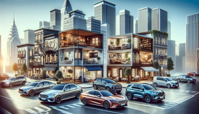 A vibrant city street showcasing an array of vehicles including luxury sedans, economical hatchbacks, SUVs, and vans.