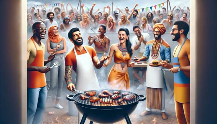 A vibrant BBQ cook-off scene with diverse influencers grilling, surrounded by smoke, fans, and colorful branding.