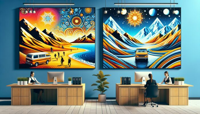 A car rental office featuring vibrant posters that promote seasonal discounts related to summer beach and winter mountain travel.