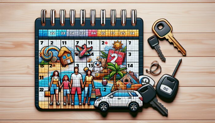 A calendar displaying holiday dates and discount symbols, surrounded by car keys, travel brochures, and a family planning their vacation.