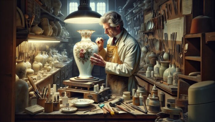 A skilled artisan repairing a chipped porcelain vase in a well-lit Enfield workshop.