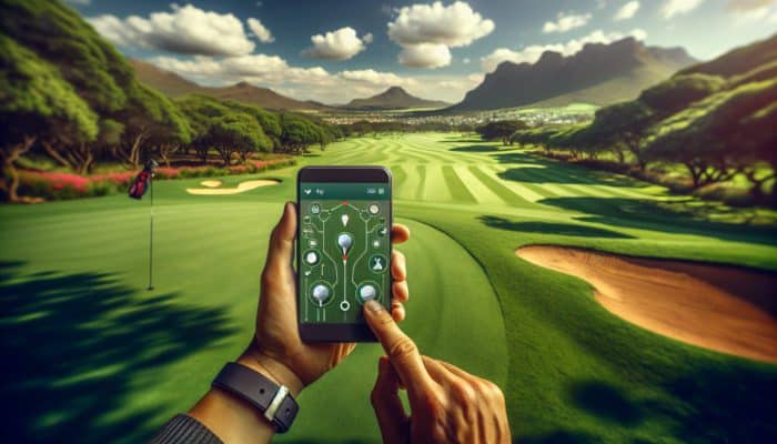 A golfer interacting with the Golfshot app on their smartphone to measure distances on a golf course in South Africa.