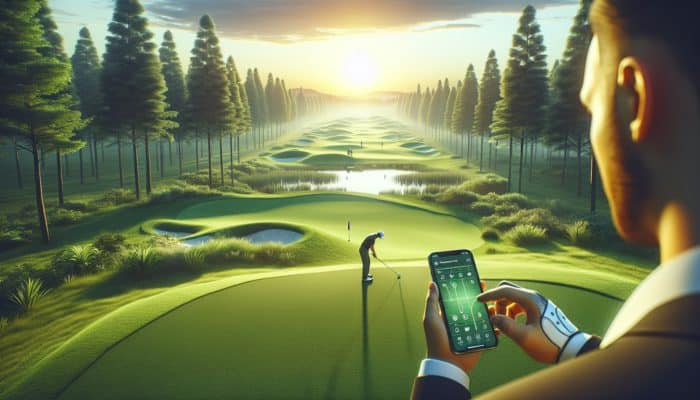 A golfer using a smartphone app during a serene sunset on a golf course to analyse swing data.