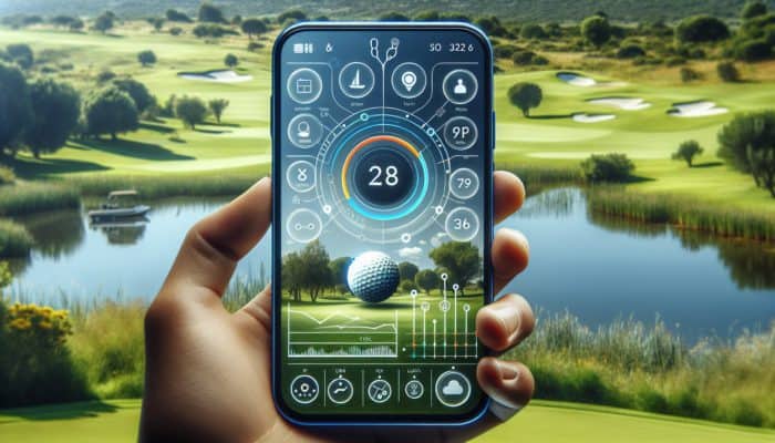 A sleek golf app interface displayed on a smartphone with clear graphics and touch controls, set against a South African golf course backdrop.