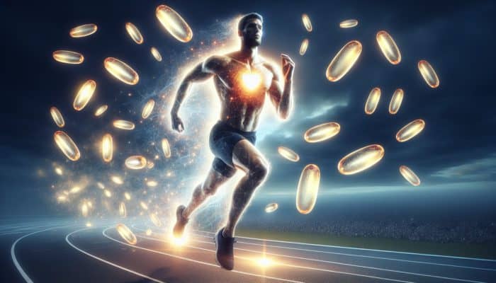 Athlete running effortlessly with a lively heart, surrounded by omega-3 capsules, symbolising endurance and a lower resting heart rate.