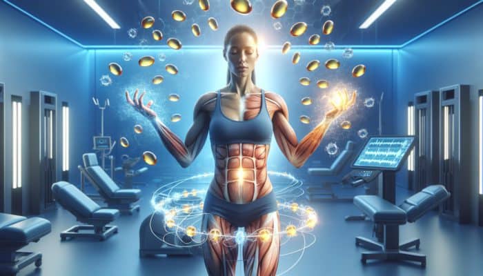 Athlete with vibrant muscles recovering in a high-tech room with omega-3 molecules swirling around.