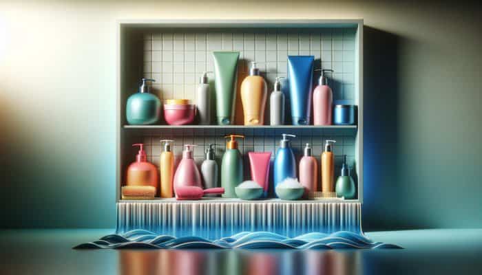 A vibrant display of moisture-rich hair products on a contemporary bathroom shelf, contributing to hair health.