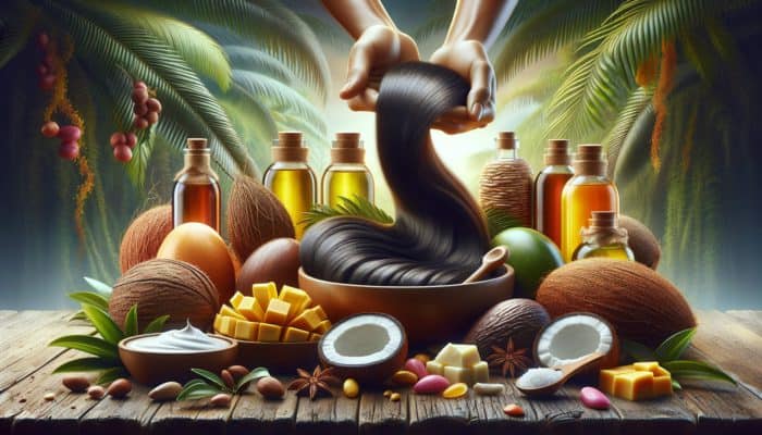 Natural oils and butters like argan, jojoba, coconut, shea, and mango moisturising various hair types.