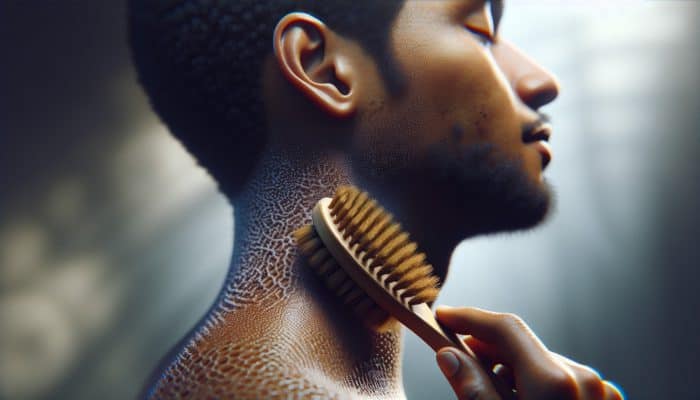 Close-up view of scalp exfoliation using a soft brush, showcasing healthy skin and hair follicles in a spa setting.